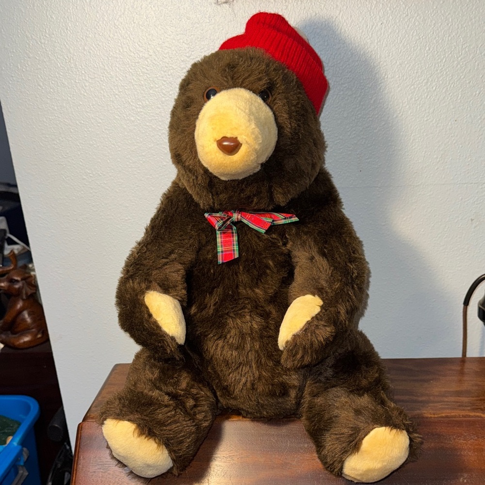 Vintage Carousel by Guy Stuffed Brown Plush Bear Toy with Red Hat 18”